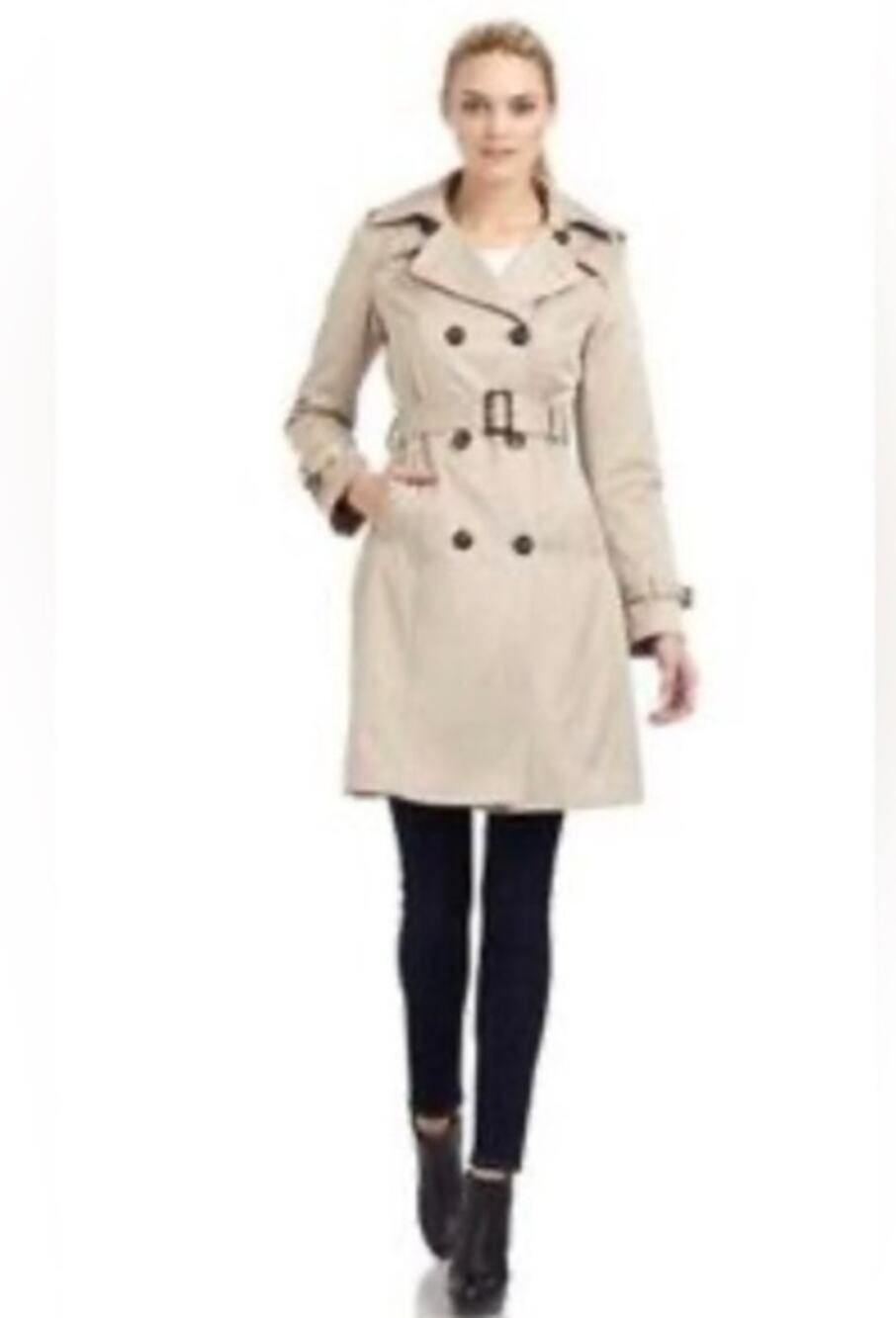 Dawn Levy Womens M Beige Belted Pleated Button Up Rain Trench Casual Coat Jacket